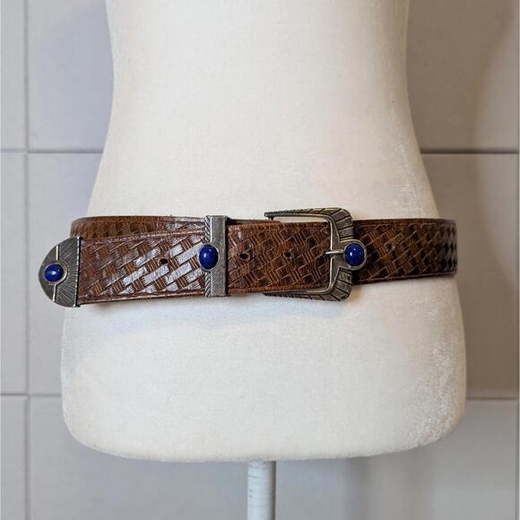 Vintage woven texture leather belt with blue stone silver buckle - Picture 1 of 7